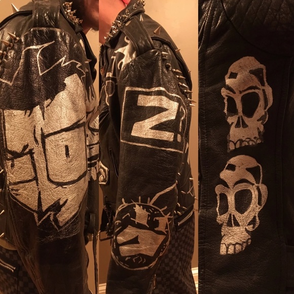 Hand-painted Johnny The Homicidal Maniac (JTHM) Black Leather Biker Jacket - Picture 6 of 8